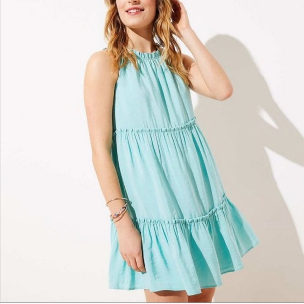 Loft Ruffle High Neck Sleeveless Tiered Swing Dress Mint Seafoam